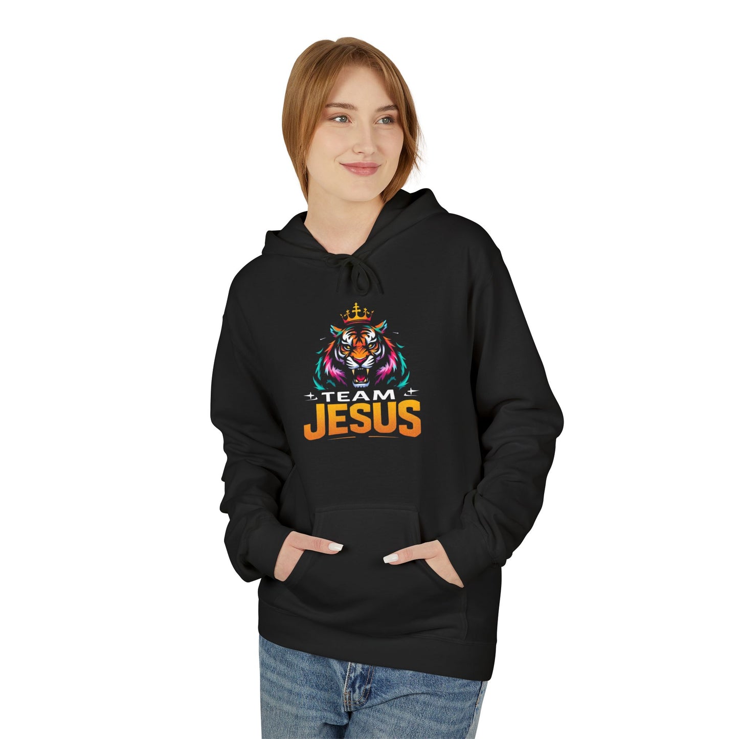 Team Jesus Crown Fleece Hoodie - Unisex Midweight Sweatshirt for Faith, Motivation, Gifts, Religious Events, Casual Wear